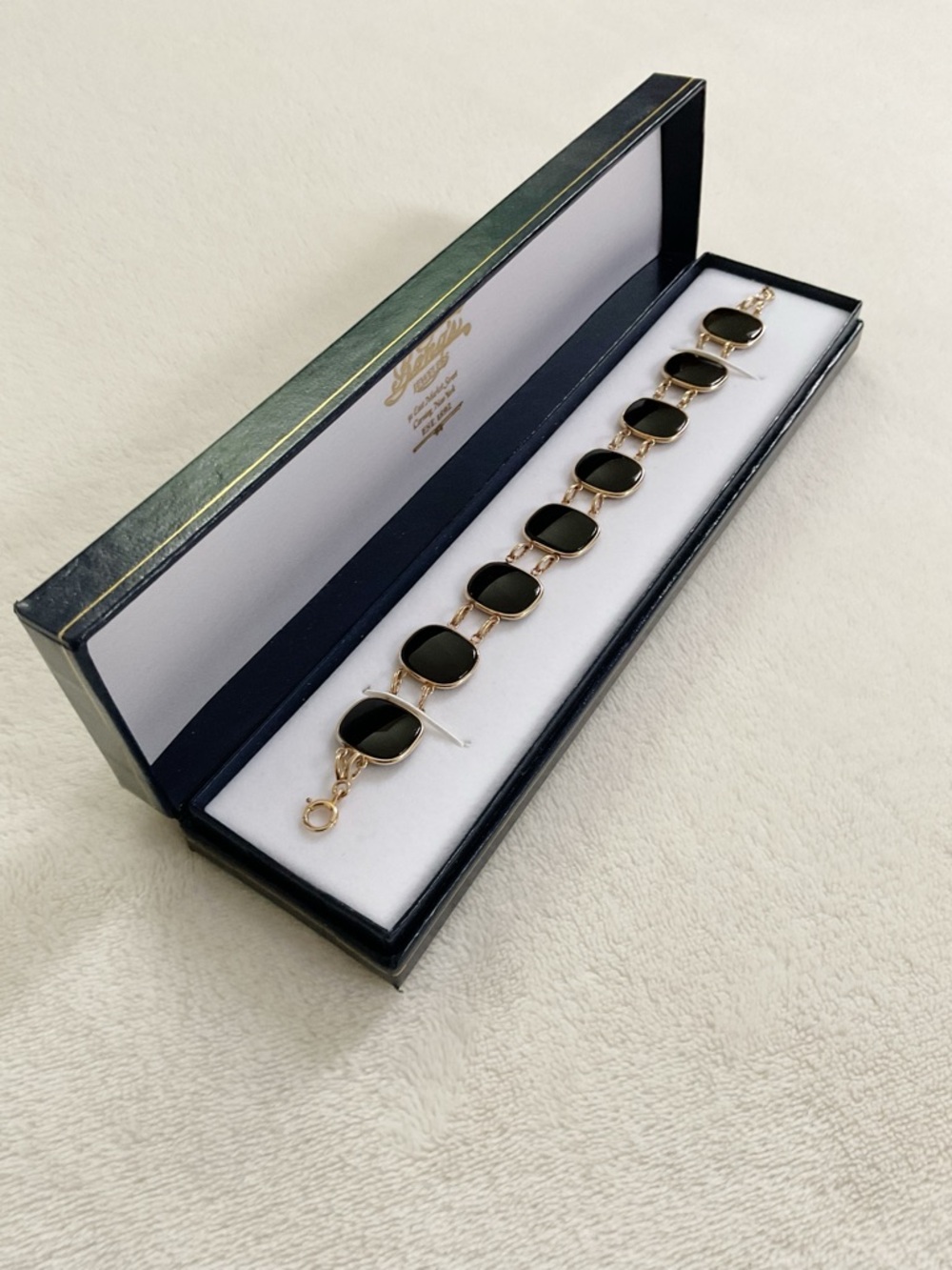 Vintage Estate 14K Gold Black Onyx Link Bracelet 8” 14.35g Original Box